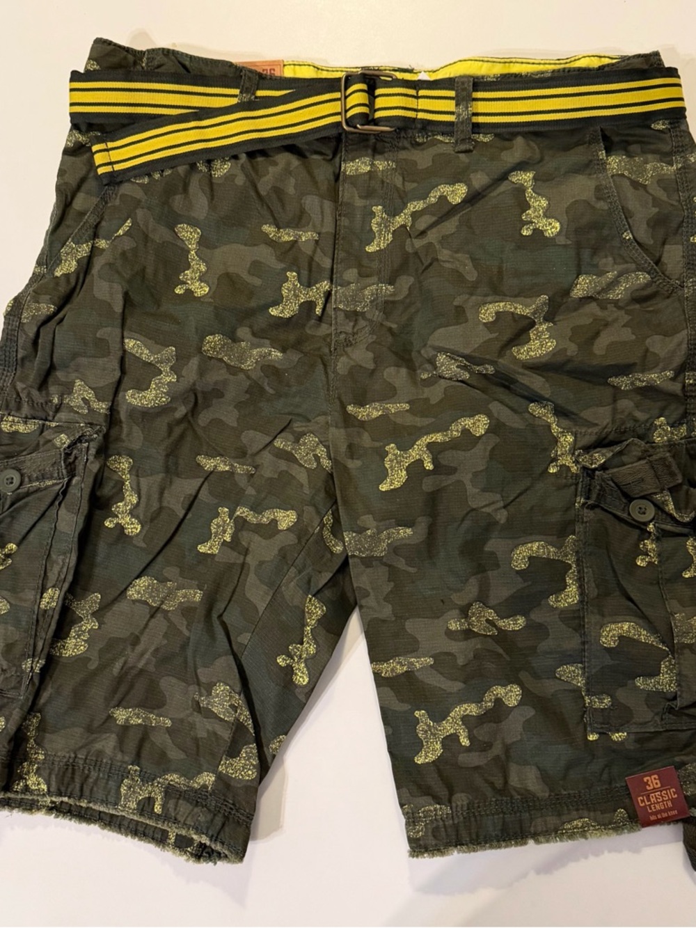 urban pipeline Olive Green Camo Cargo Shorts with Yellow Striped Belt